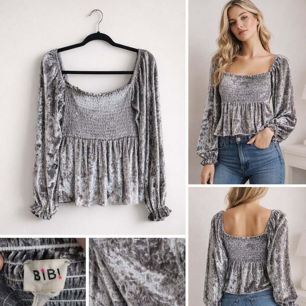 BiBi Silver Crushed Velvet Smocked Peplum Top